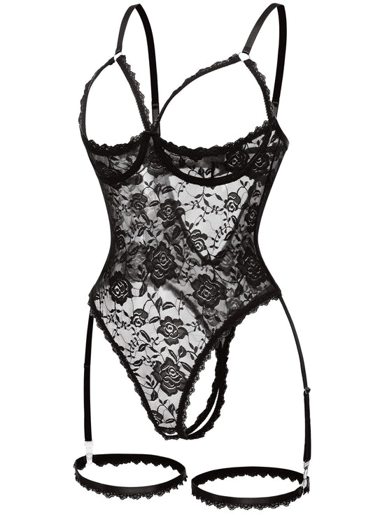 Women Sexy Floral Lace Teddy Lingerie Garter Belt Backless Bodysuit Set