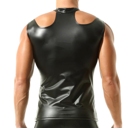 QiaTi Men's Faux Leather Vest Black Sleeveless Tank Top Cut Out Slim Fit Undershirts for Rave