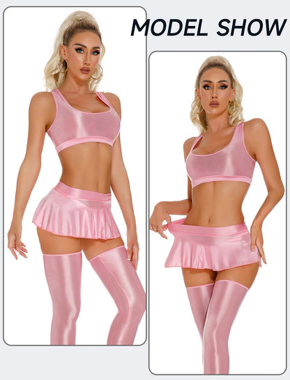 SissyGlossy Stretchy Mini Skirt Low Waist Shiny Oil Mini A-Line Pencil Skirts Novelty Pleated Skirt Solid Ruffle Sheer Skirt Pink XL
