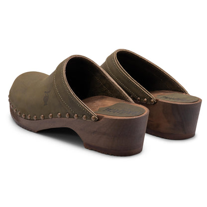 Sandgrens Handmade Swedish Wood Clogs for Women, Low Heel Mule US 9 | Athens Olive Nubuck DK, EU 40