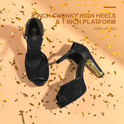Mary Platform Chunky High Heels Sandals Peep Toe Dress Wedding Bridal Shoes for Women Bride Bridesmaid (Black, 7.5 M US)