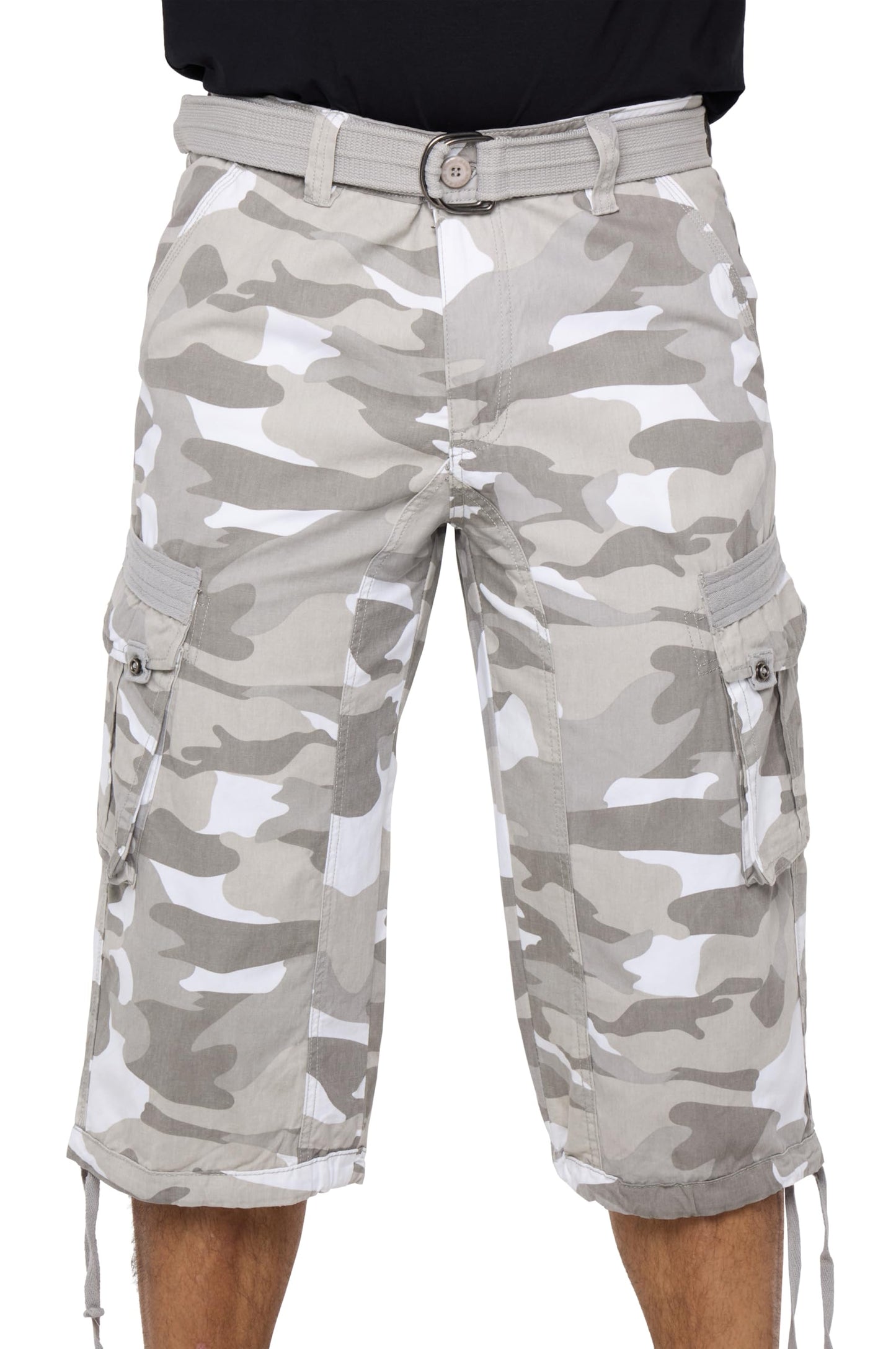 X RAY Men's Belted Long Cargo Shorts for Men, Below Knee Length Mens Cargo Shorts, 3/4 Pants (Big and Tall Shorts for Men) White CAMO 38