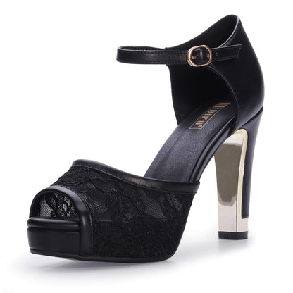 Mary Platform Chunky High Heels Sandals Peep Toe Dress Wedding Bridal Shoes for Women Bride Bridesmaid (Black, 7.5 M US)