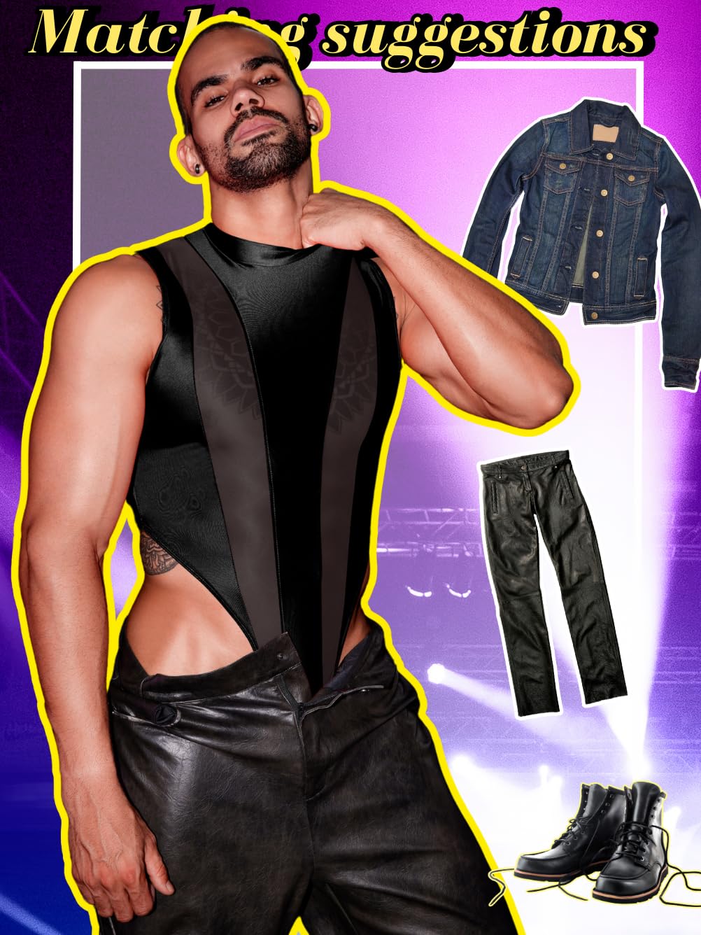 EHSUYAB Mens Sexy Lingerie, Hook Crotch Thong High Cut Bodysuit Top Rave Outfit, Glossy Mock Neck Sheer Singlet Muscle Suit Black X-Small-Small