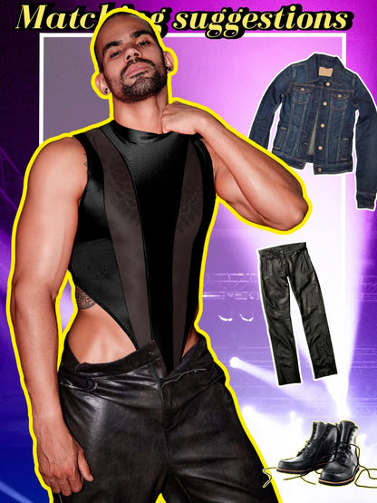 EHSUYAB Mens Sexy Lingerie, Hook Crotch Thong High Cut Bodysuit Top Rave Outfit, Glossy Mock Neck Sheer Singlet Muscle Suit Black X-Small-Small