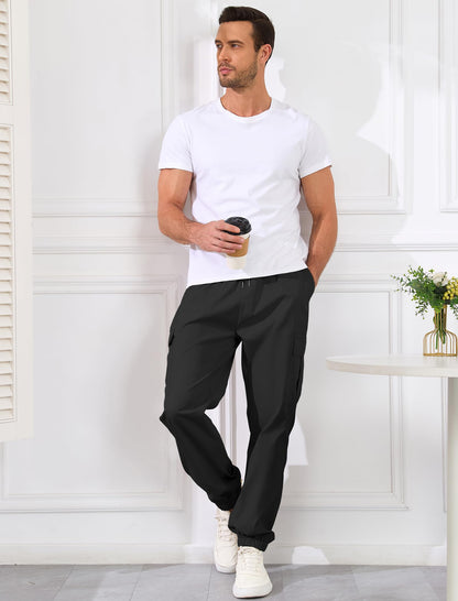 ZAFUL Mens Casual Cargo Pants Drawstring Hiking Outdoor Streetwear Track Joggers Sweatpants with Pockets (1-Black, L)