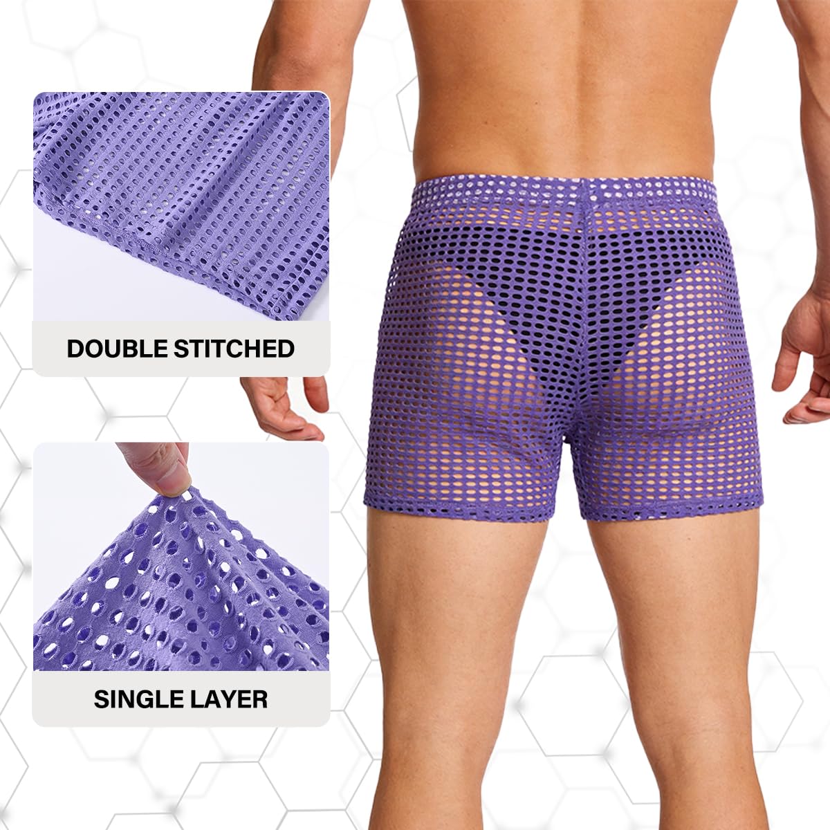 Mens See Through Shorts Fishnet Sexy Mesh Boxer Shorts Hollow Lounge Loose Underwear Purple M