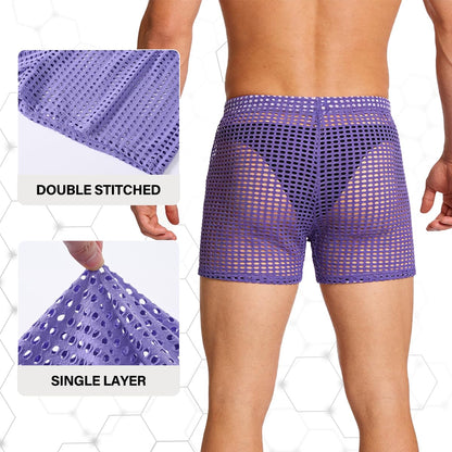 Mens See Through Shorts Fishnet Sexy Mesh Boxer Shorts Hollow Lounge Loose Underwear Purple M