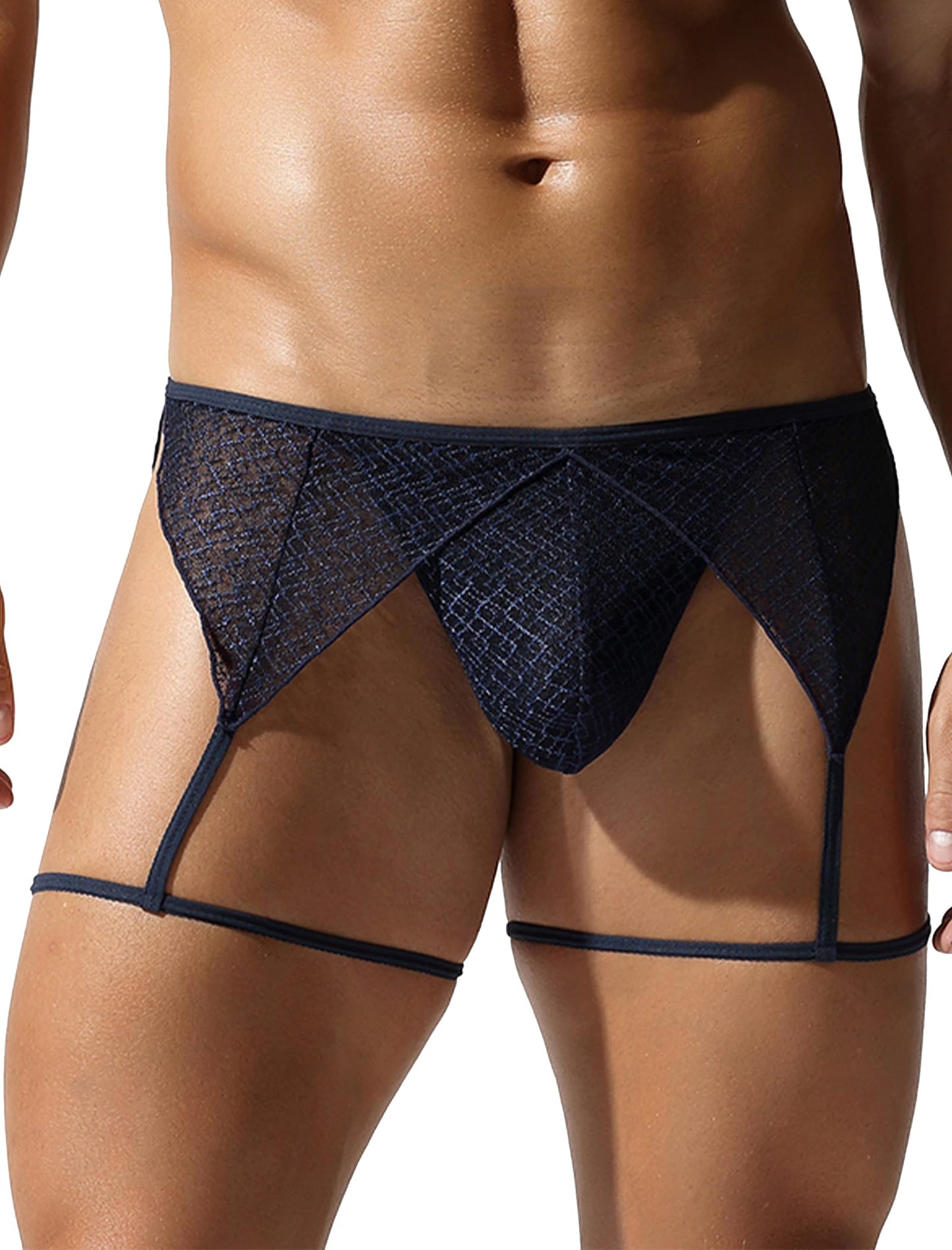 Men's Sissy Lingerie Sheer Mesh G-string Thong Lace Panties Garter Band Crossdresser Underwear Navy Blue Large