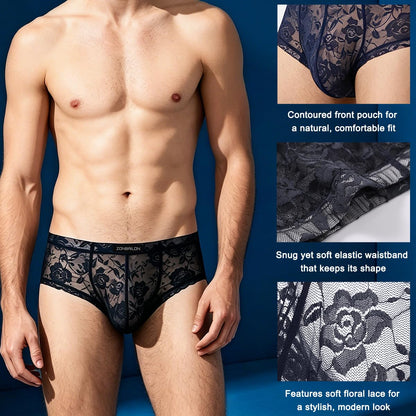 Men's Lace Bikini Briefs - Sheer Underwear Pouch Breathable Panties