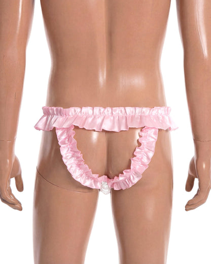 Satini Men's Satin Ruffle Bow Thong Sissy Knickers Briefs Jockstrap Panties (Baby Pink, M)
