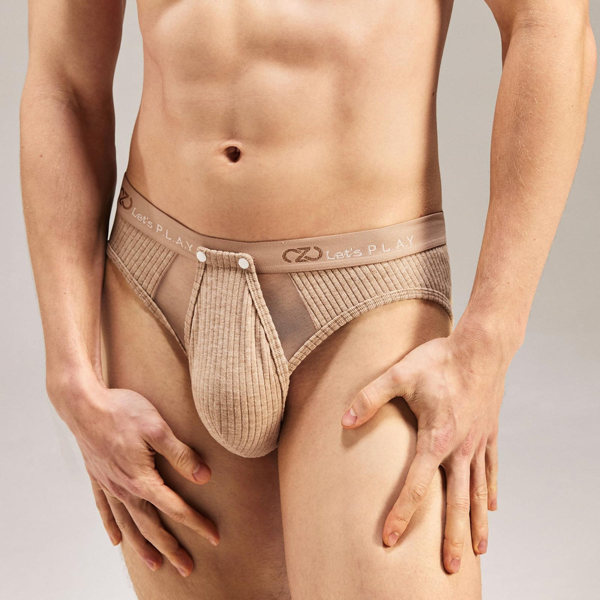 BSZN Men's Thick Ribbed Sexy Briefs, Khaki Mid Low Rise Snap Open Sexy Men Underwear, Cutout Back Men Sexy Lingerie with Sheer Mesh Pouch Soft High Stretch Sexy Undergarment
