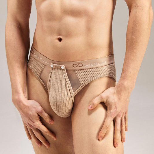 BSZN Men's Thick Ribbed Sexy Briefs, Khaki Mid Low Rise Snap Open Sexy Men Underwear, Cutout Back Men Sexy Lingerie with Sheer Mesh Pouch Soft High Stretch Sexy Undergarment