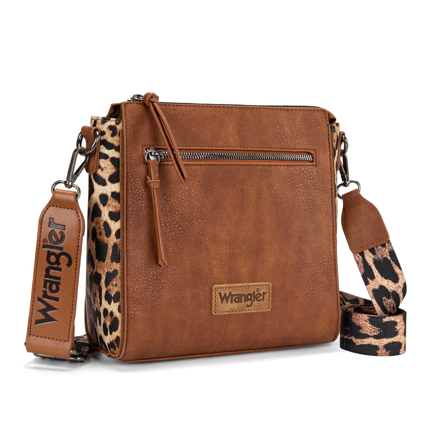 Wrangler Crossbody Bag for Women Western Leopard Crossbody Purse Meidum Shoulder Handbag Mom Purse with Wide Strap for Everyday Travel, WG-HB-205-9360-2-DBR