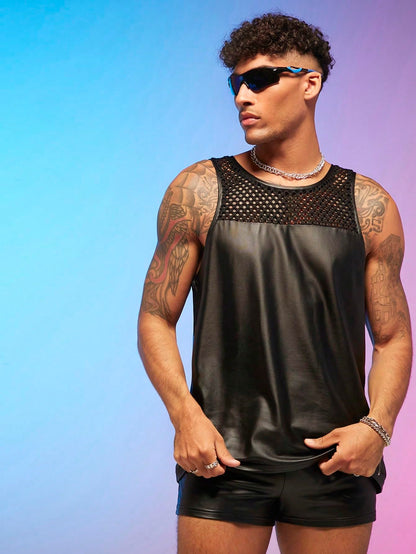 WDIRARA Men's 2 Piece Outfit Mesh Sheer Pu Leather Tank Top and Track Shorts Set Black S