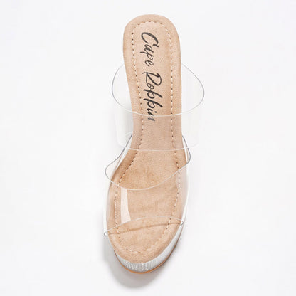 Women's Clear Platform Stiletto Heels | Slip-On Rhinestone Transparent Straps, Round Toe (Ferrara) - Nude Size 10