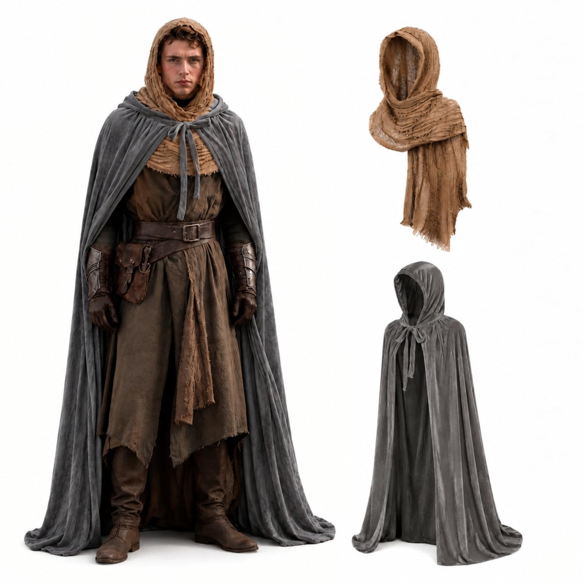 2 Pcs Halloween Desert Costume Set for Women Men, Hooded Coak& Long Scarf
