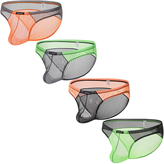 Men’s Sheer Mesh Briefs -  Transparent Bulge Pouch Bikini Underwear See Through Striped Ultra-Thin Sexy Panties XL