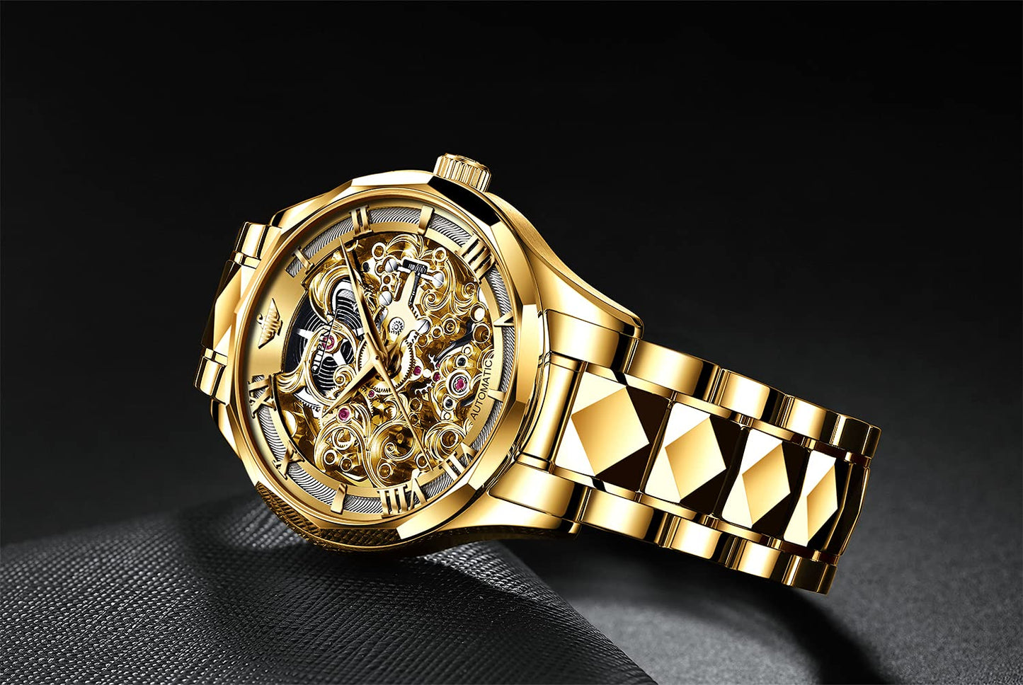 OUPINKE Men's Gold Skeleton Mechanical Luxury Wrist Watches