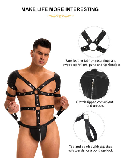 Mens Harness Faux Leather Bondage Sexy Mankini Costume One-piecs Thong Underwear with Jockstrap Bodysuit (Black, XL)