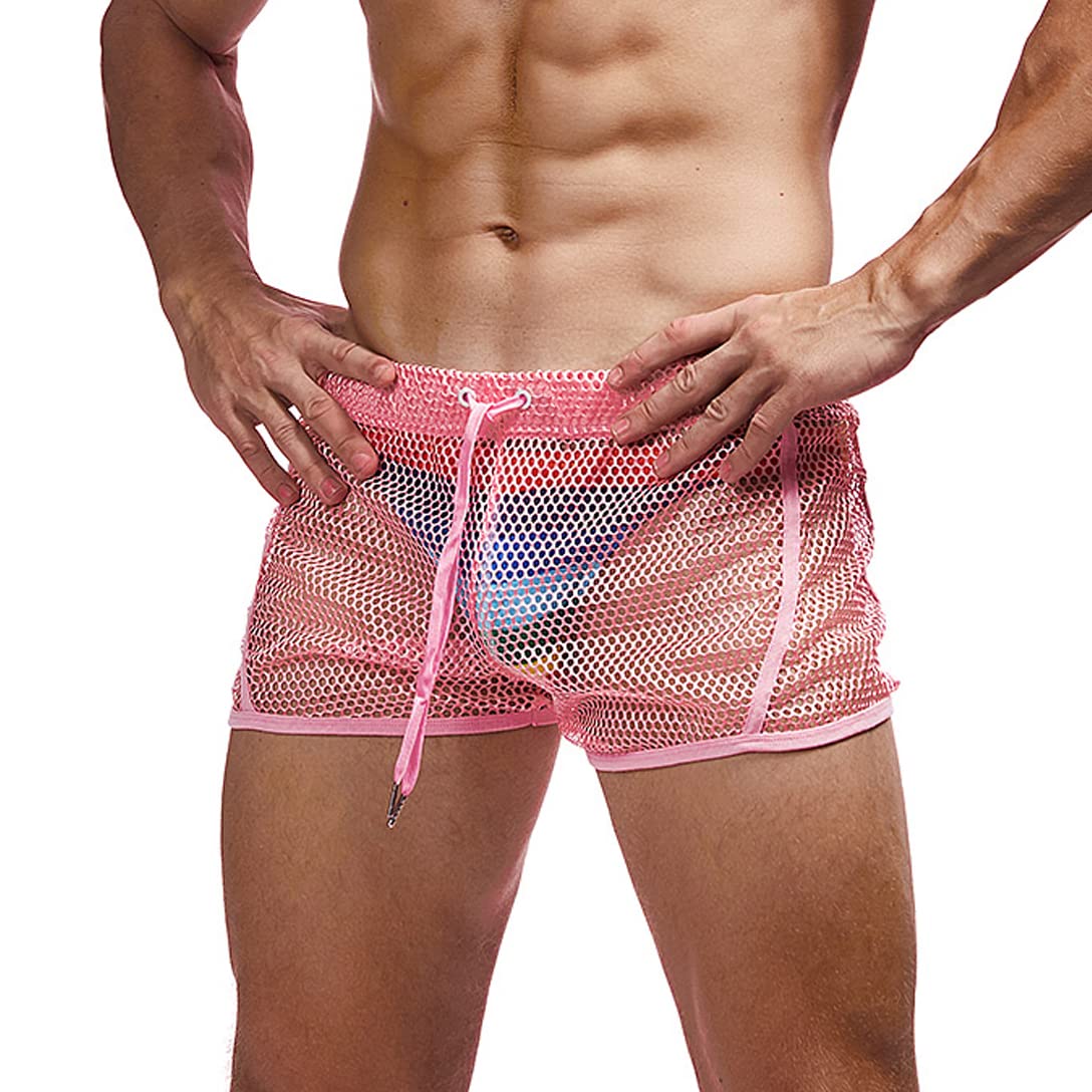 FIROTTII Mens Mesh Sexy Boxers Shorts See Through Shorts for Men (Pink M)