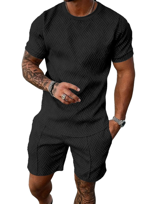 FcuteL Mens Track Suits 2 Piece Set T Shirts Shorts Sets Fashion Retro Textured Sweatsuit Vacation Cruise Outfits Black L