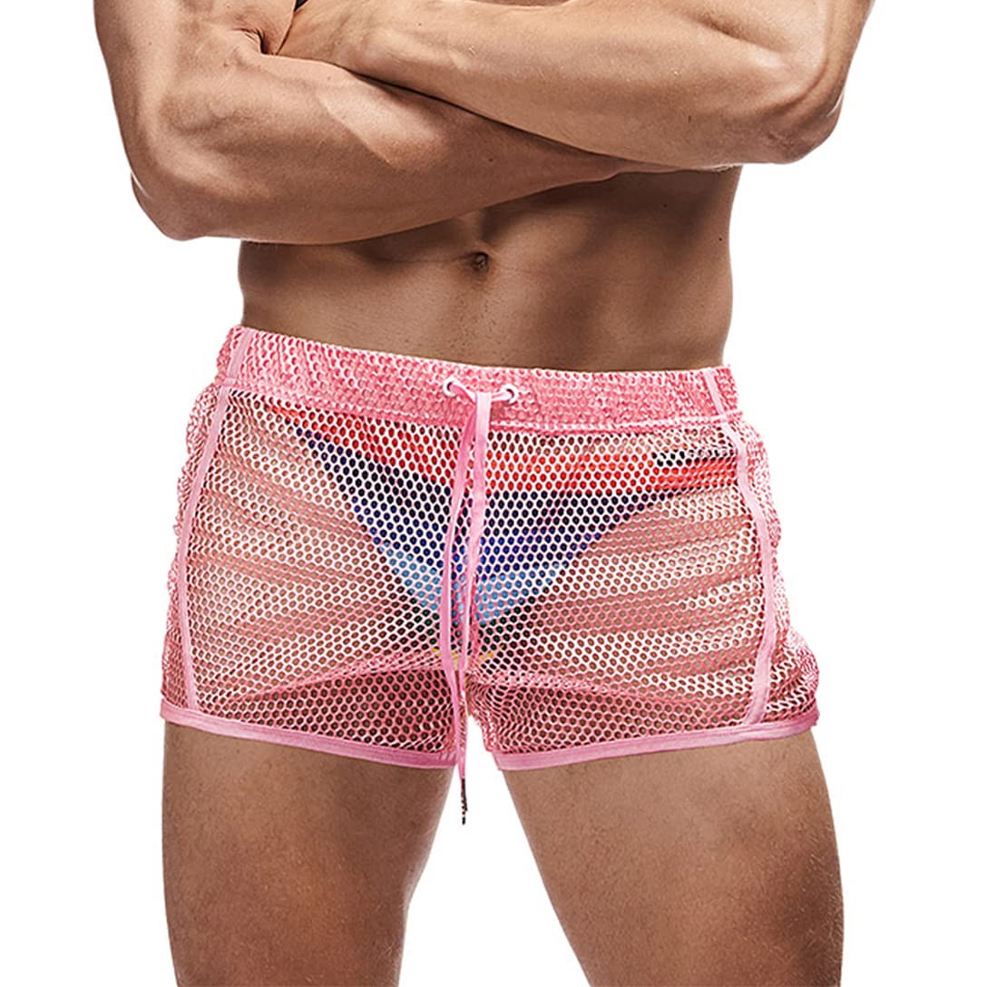FIROTTII Mens Mesh Sexy Boxers Shorts See Through Shorts for Men (Pink M)