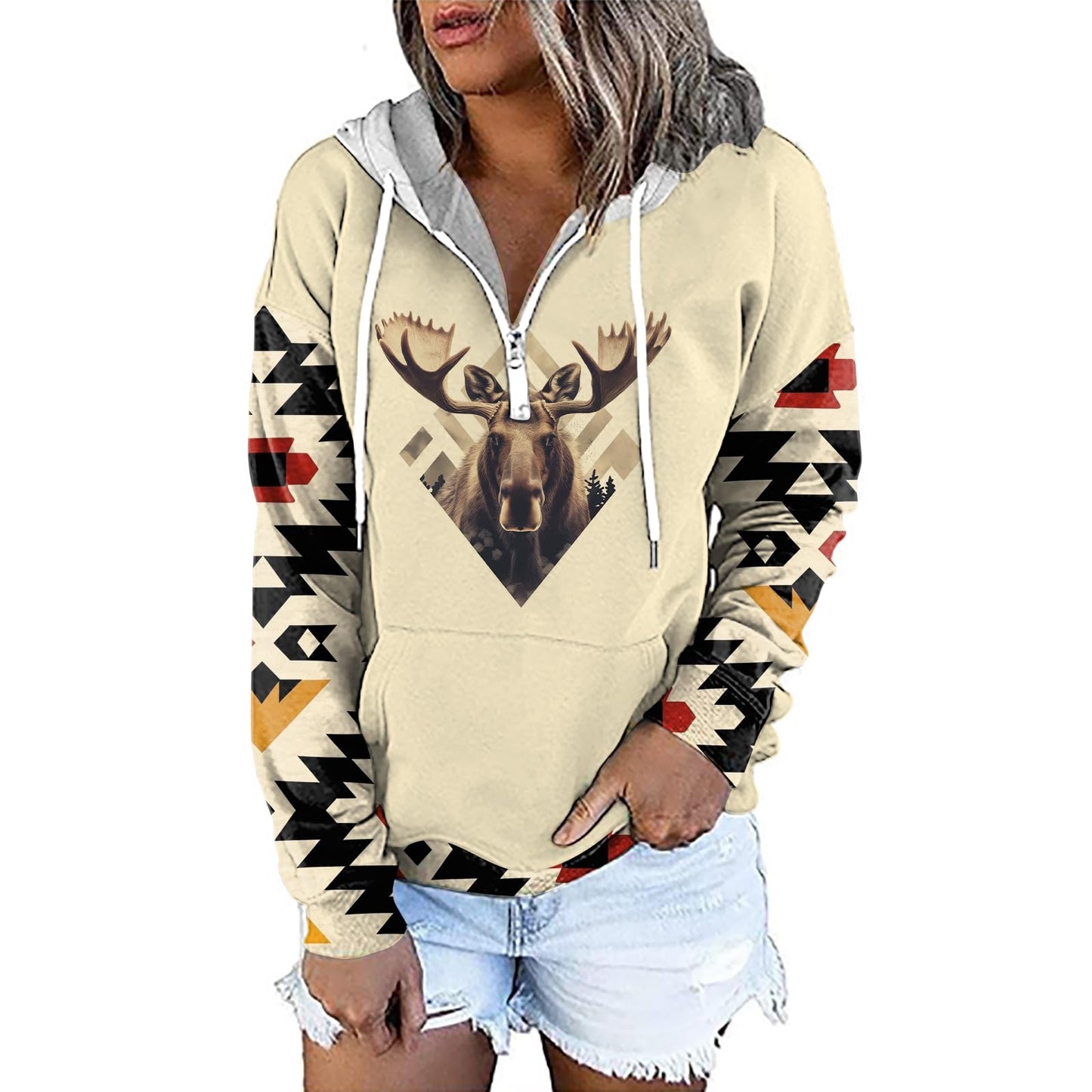Ethnic Print Women Sweatshirts - Moose Graphic Western Cowboy Pattern - Outfits Hoodies