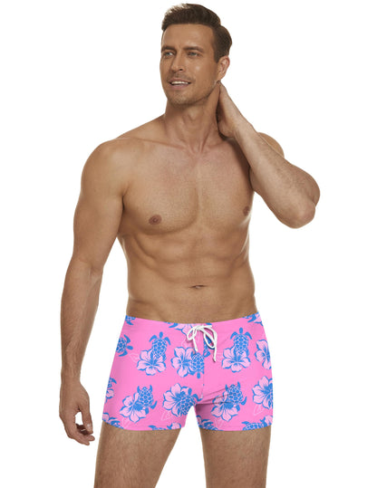 COOFANDY Mens Swim Trunks Swim Briefs Square Leg Sexy Tight Swimwear Bathing Suit Board Short with Liner Pink Flower