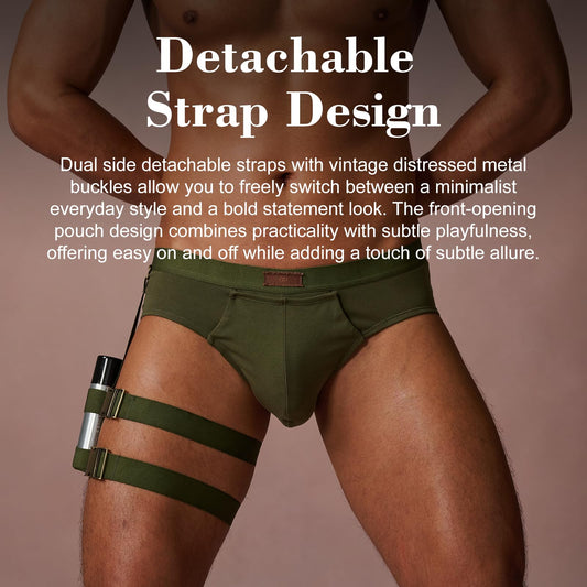 BSZN Men's Sexy Briefs, Army Green Detachable Leg Strap Sexy Men Underwear, Mid High Rise Front Snap Open Pouch Vintage Metal Role Play Sexy Lingerie from L-Night Authority Badge Collection