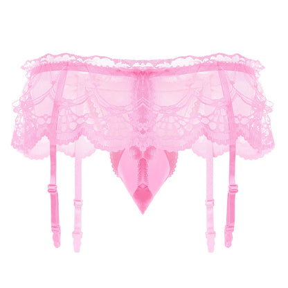 Men Lingerie Frilly Skirted Sissy Thongs Panties Low Waist G-string Garter Belt Crossdressing Underpants Lace Underwear Pink One Size