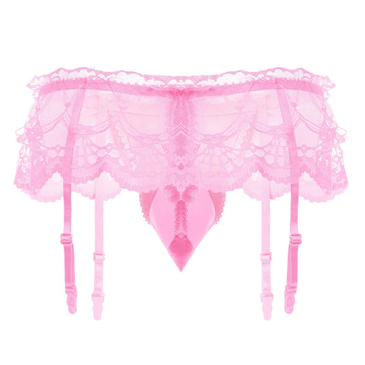 Men Lingerie Frilly Skirted Sissy Thongs Panties Low Waist G-string Garter Belt Crossdressing Underpants Lace Underwear Pink One Size
