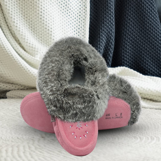 Laurentian Chief Moccasin Slippers for Woman - Orlon Beaded Slippers with Fur Trim and Padded Sole, Canada Quality Womens, Comfortable Stylish Indoor Moccasins for Women