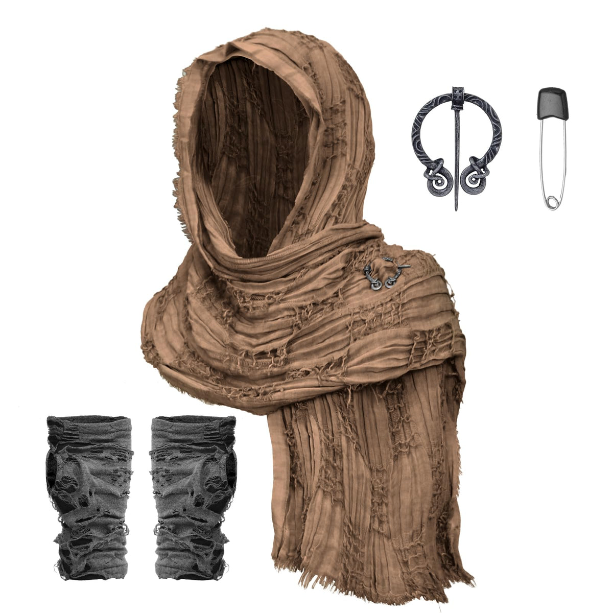 Desert Costume Hooded Shawl Scarf, Renaissance Fair Shoulder Cape (Brown)