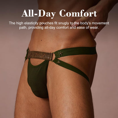 BSZN Men's Sexy Jockstrap, Star Rivet Leather Waistband Mesh Badge Pouch Mid Rise High Stretch Sexy Lingerie from A-Night Authority Collection Military Green