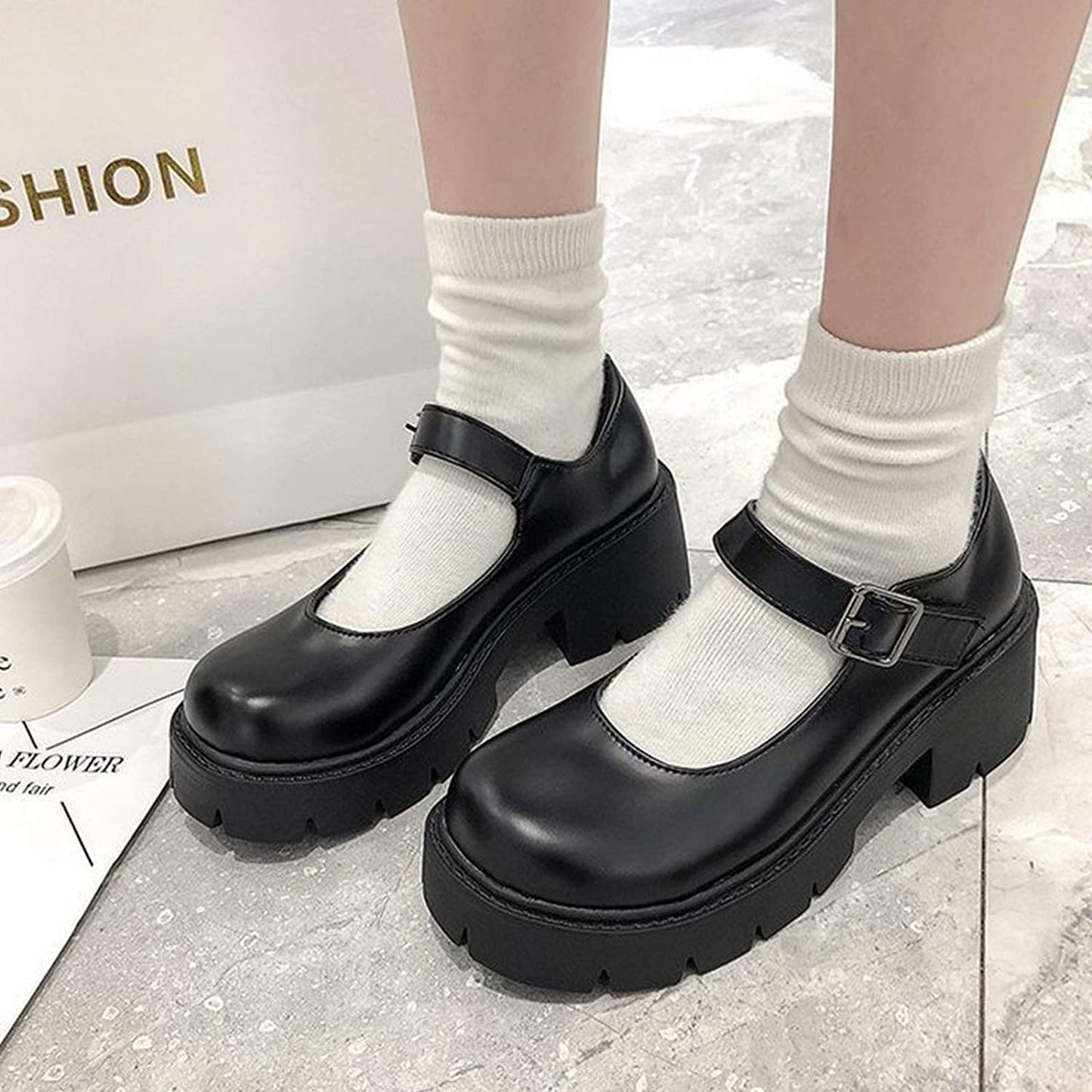 Women's Platform Mary Janes Chunky Heel Ankle Strap Uniform Dress Shoes Heeled Gothic Lolita Oxfords (7.5, Single Strap-Matt Black)