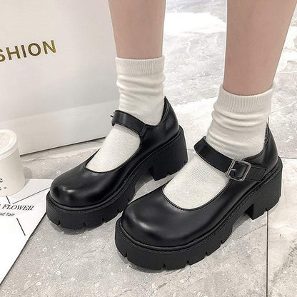 Women's Platform Mary Janes Chunky Heel Ankle Strap Uniform Dress Shoes Heeled Gothic Lolita Oxfords (7.5, Single Strap-Matt Black)