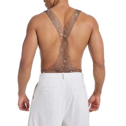 Mens Sexy Rhinestones Fishnet Tank Top, Deep V Neck Sparkly Sleeveless Muscle Shirt For Club Party (US, Alpha, One Size, Regular, Regular, Black)