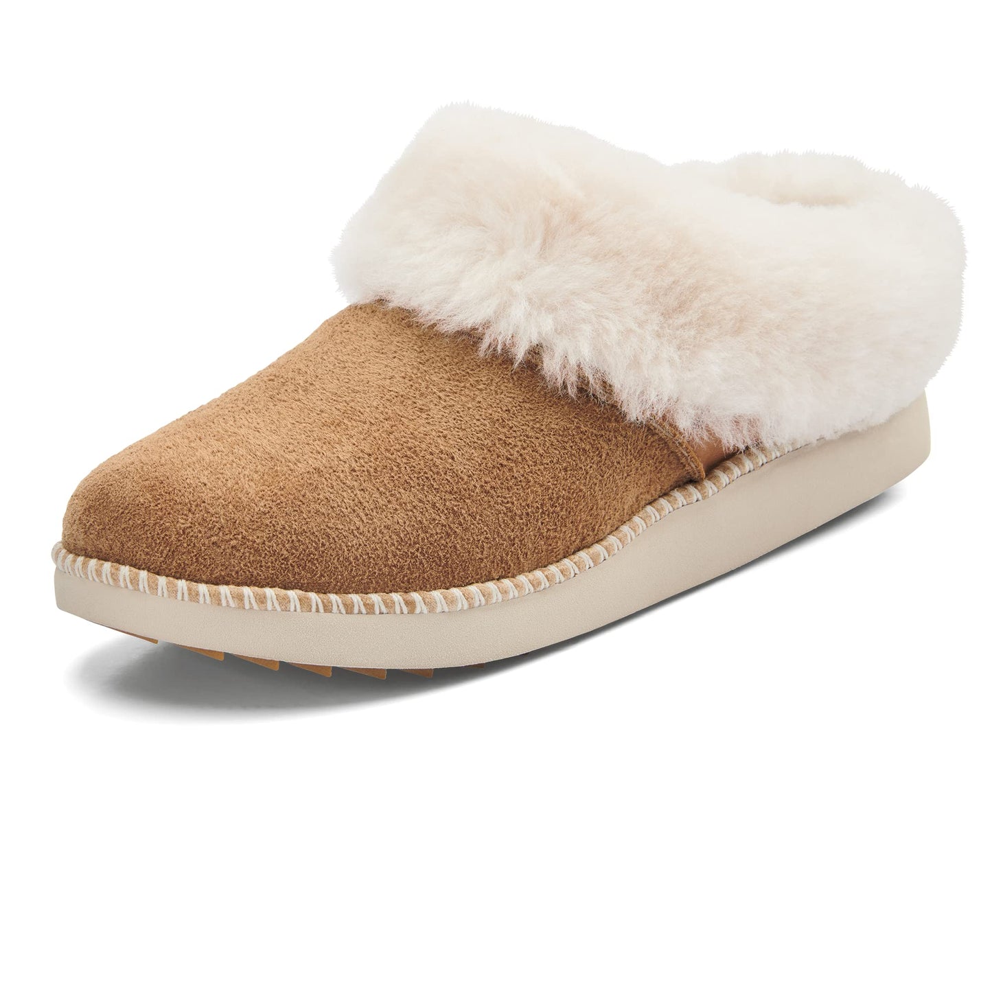 OLUKAI Ku'i Women's Slipper, Soft Full-Grain Leather & Wool Blend Footbed, Wet Grip Soles for Inside & Outside Wear, Cute & Comfortable Slip-On, Tan/Bone, 10