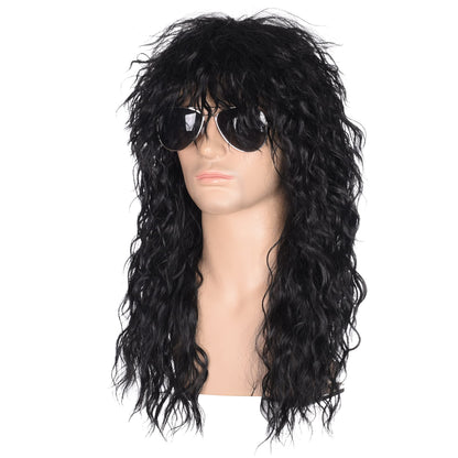 Men’s 80s Style Long Black Curly Hair Wig Glam Rock-Rocker Wig Perfect for Halloween, Cosplay, DIY Themed Costume Party