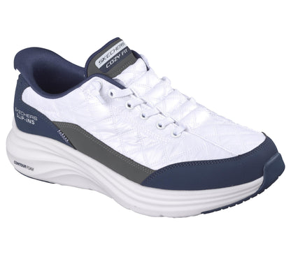 Skechers Men's Contour Foam Cozy Fit Hands Free Slip-in Sneaker,White/Navy,11.5