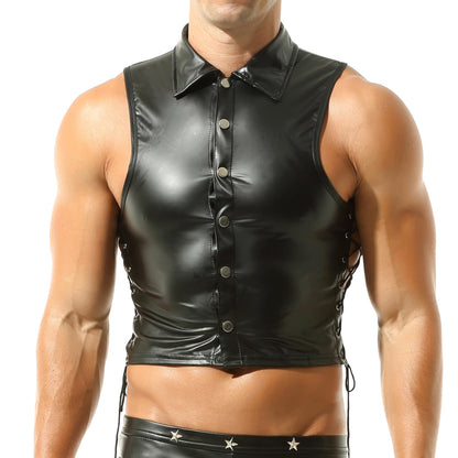 Mens Faux Leather Vest Sleeveless Tops Wet Look Undershirt Round Neck Shirt Clubwear