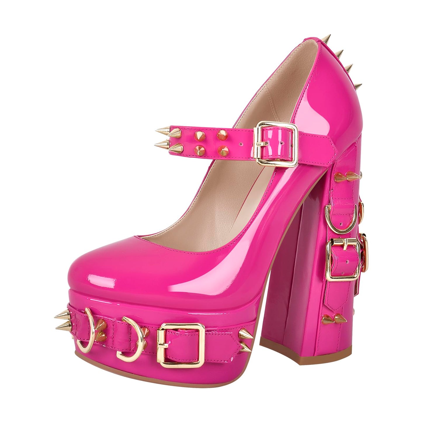Sissy- Crossdressing - Mary Jane Platform Pumps with Rivets and Grommets Adjustable Ankle Buckle Up Chunky Block Heels Round Toe Strappy Heel Patent Leather Punk Shoes Cool Oustside Dress Peach Size 5