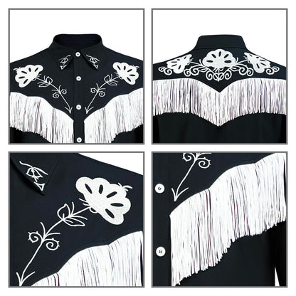 Cowboy Costume With Scarf Western Long Sleeve Fringe Shirt Halloween Cosplay For Mens Boys-X-Large