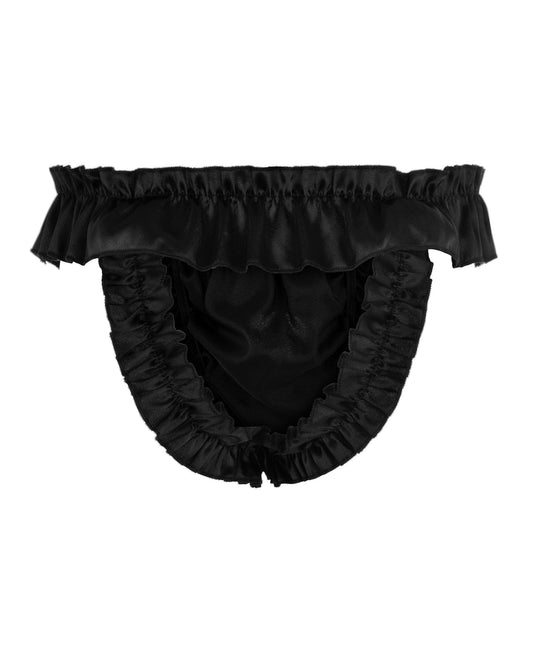 Satini Men's Satin Ruffle Bow Thong Sissy Knickers Briefs Jockstrap Panties (Black, XXL)