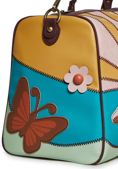 Dolls Kill Walking On Sunshine Weekender Bag by Current Mood – Vegan Leather Duffle with Sunset Mushroom Print & Embroidered Details, One Size