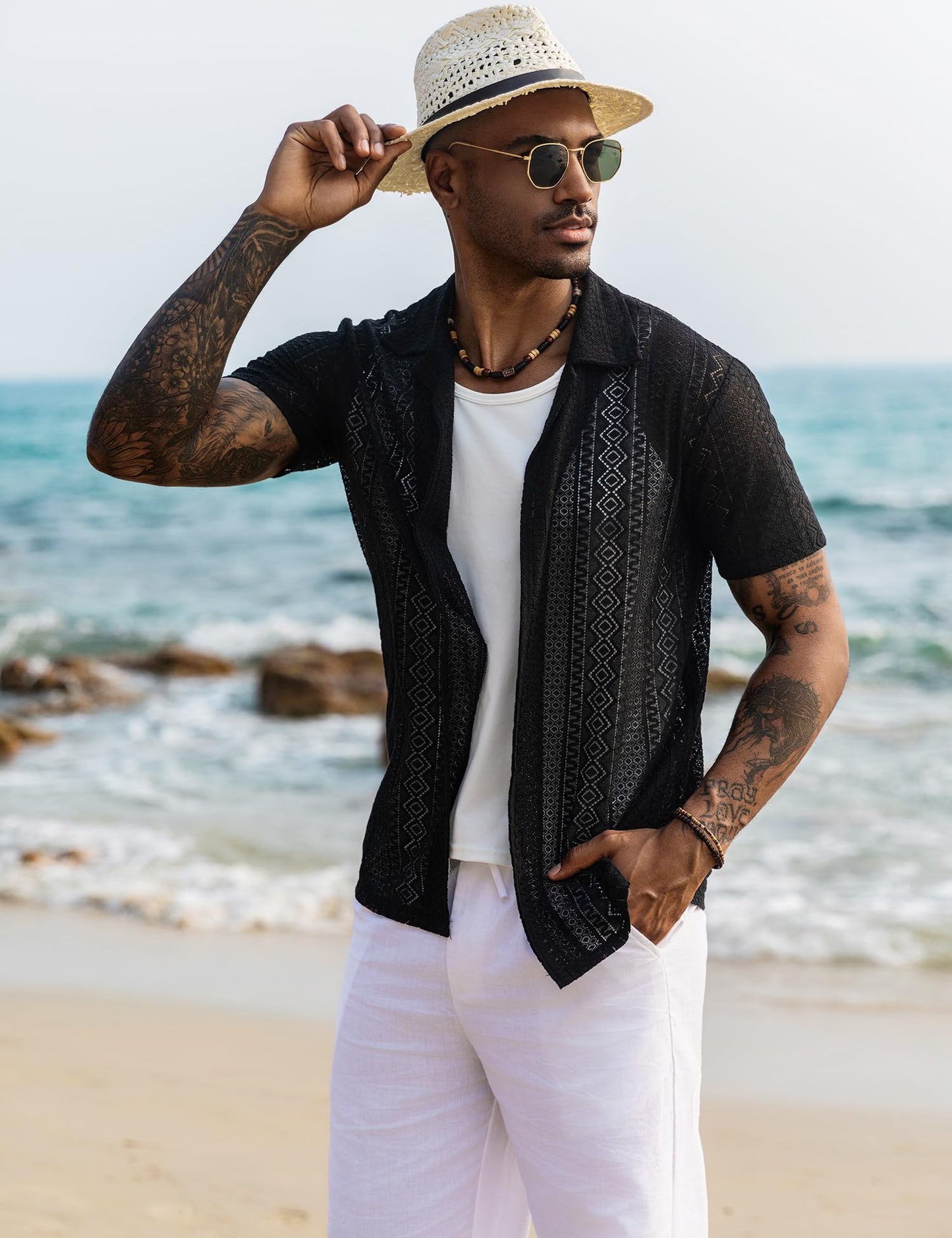 URRU Mens Floral Lace Shirt Short Sleeve Hollow Out Sheer See Through Casual Button Down Shirts Black Wave S