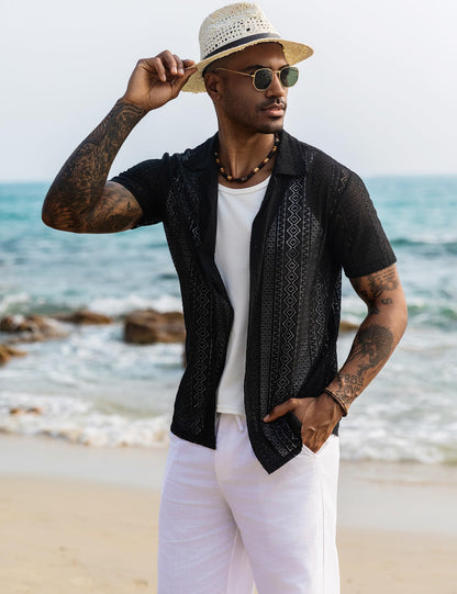 URRU Mens Floral Lace Shirt Short Sleeve Hollow Out Sheer See Through Casual Button Down Shirts Black Wave S