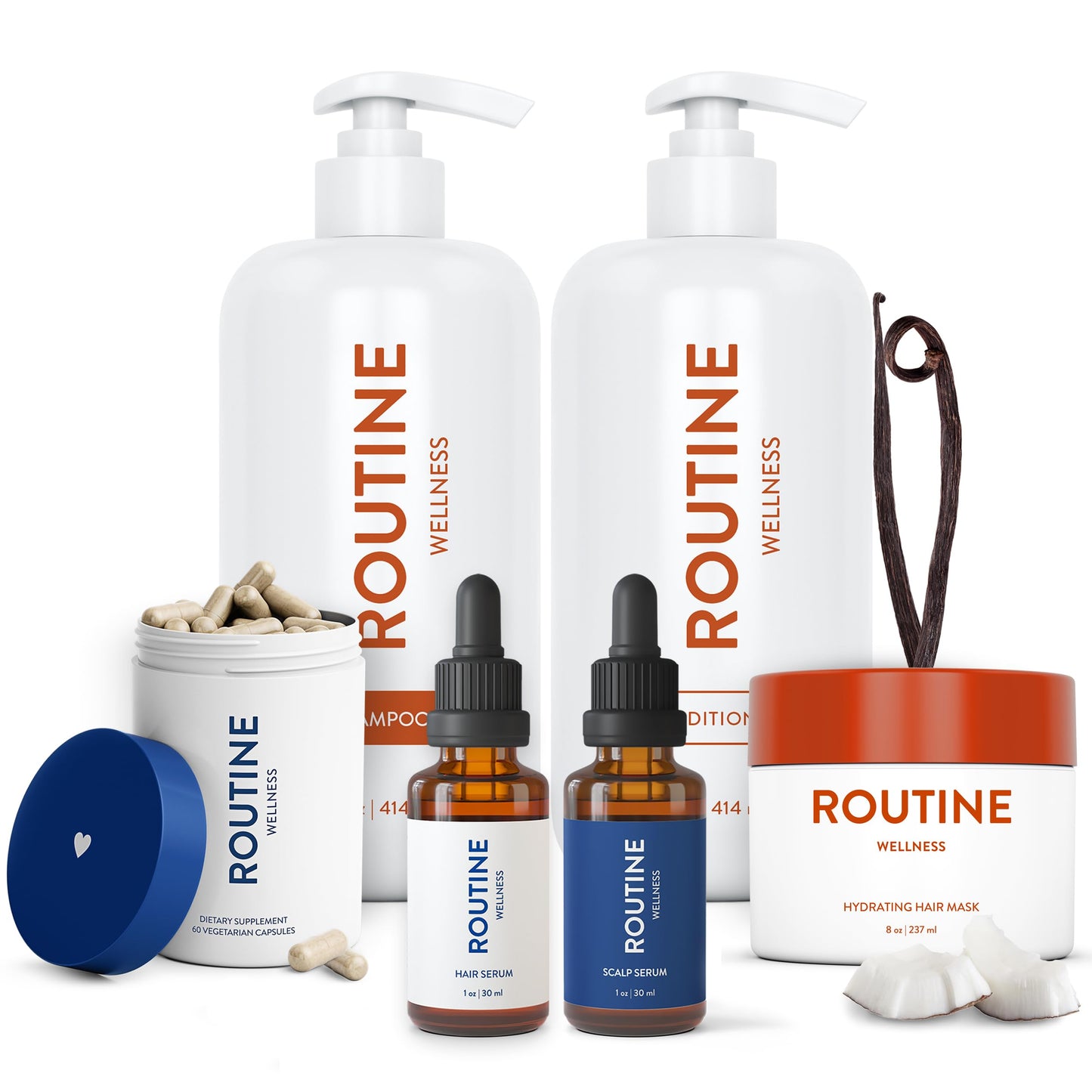 Routine Wellness Bundle - Shampoo and Conditioner Set for Thinning Hair, Two Serums for Scalp Health, Hair Growth Supplement & Hair Mask - Coconut & Vanilla