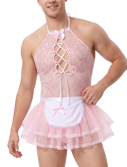 Men's Crossdressing Lingerie Dress Maid Outfit set Pink Medium